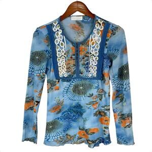Oui Moments Top Long Sleeve Blue Art To Wear Sequins Embroidered Women's 40 US 8